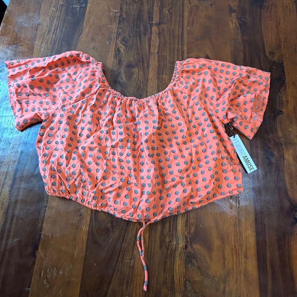 Amuse Society Elena Top XS Coral Orange Medallion Print Crop Boho Off Shoulder